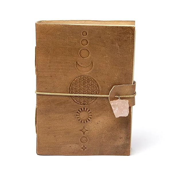 Notizbuch Blume des Lebens mit Rosenquarz und Kunstlederbezug